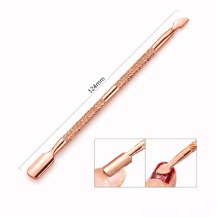 Rose gold double-ended cuticle pusher and curved nail scraper tool with textured handle, 124 mm, shown with usage close-ups