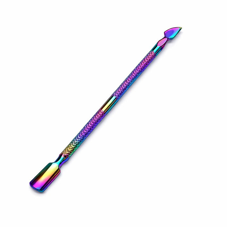 Iridescent rainbow double-ended cuticle pusher and scraper with textured grip handle on a plain background