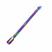 Iridescent rainbow double-ended cuticle pusher and scraper with textured grip handle on a plain background