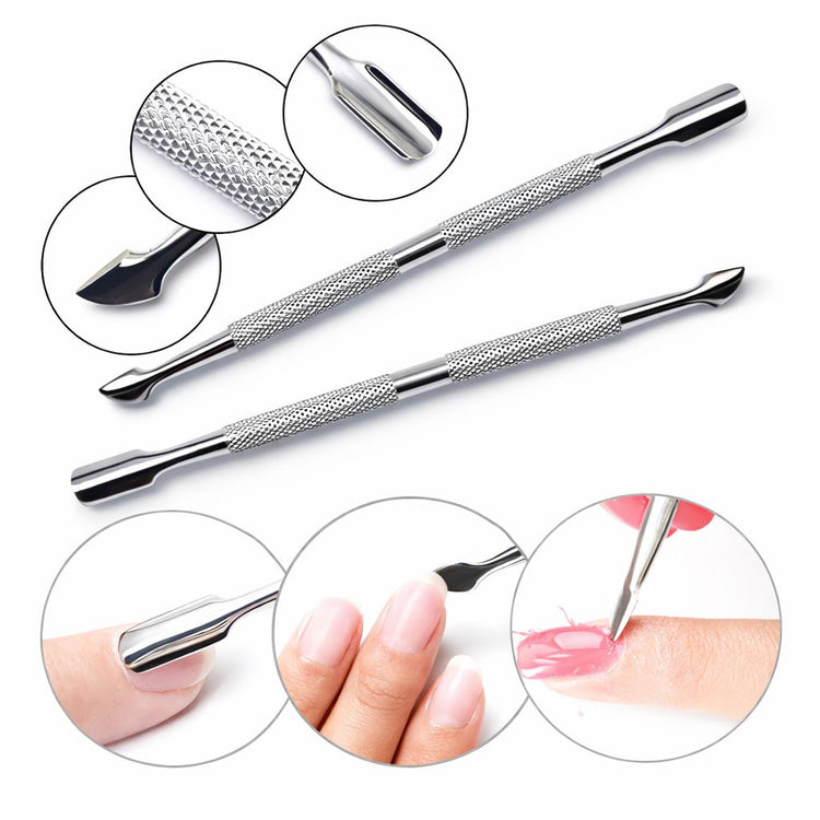 Stainless steel cuticle pusher set with textured grip handles, angled pusher ends and flat scraper ends, shown with detail close-ups and nail prep examples