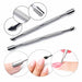 Stainless steel cuticle pusher set with textured grip handles, angled pusher ends and flat scraper ends, shown with detail close-ups and nail prep examples