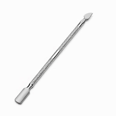 Stainless steel cuticle pusher with rounded pusher end, flat scraper tip and textured grip handle