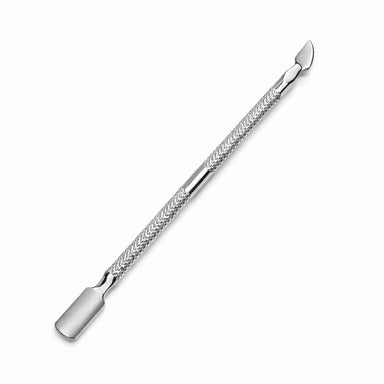 Stainless steel double-ended cuticle pusher with angled pusher end, flat scraper end and textured grip handle