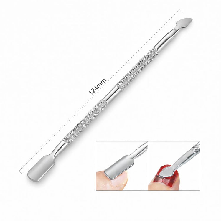 Stainless steel cuticle pusher with angled pusher end, flat scraper tip and textured grip handle, 124 mm long, shown with usage close-ups