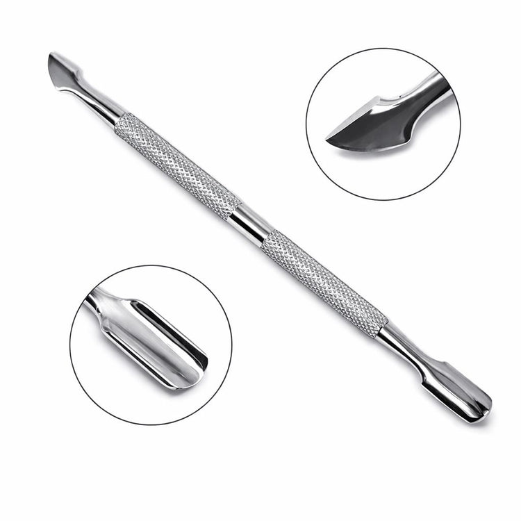 Stainless steel cuticle pusher with textured grip, angled pusher end and flat scraper end, shown with detail close-ups