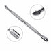 Stainless steel cuticle pusher with textured grip, angled pusher end and flat scraper end, shown with detail close-ups