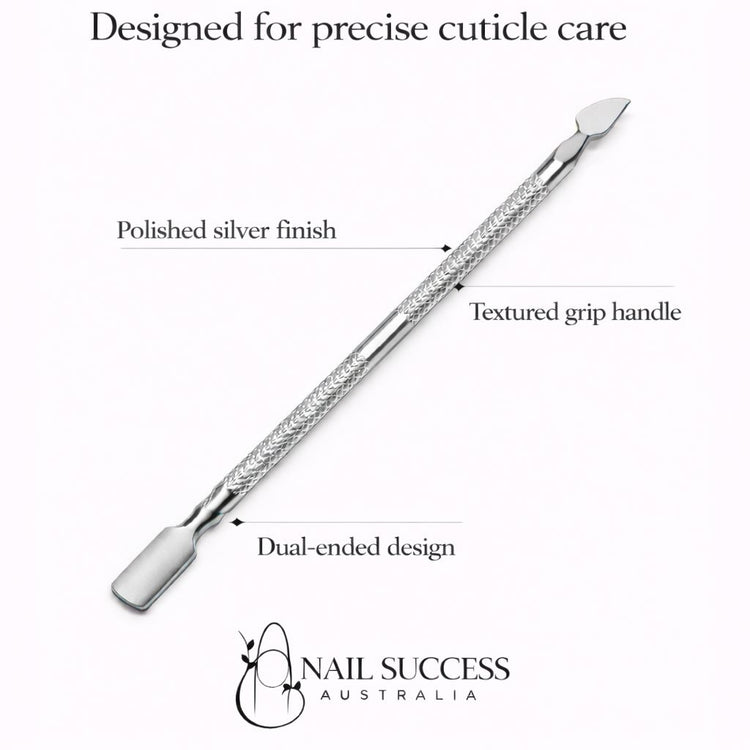 Stainless steel cuticle pusher with polished silver finish, textured grip handle and dual-ended pusher and scraper design