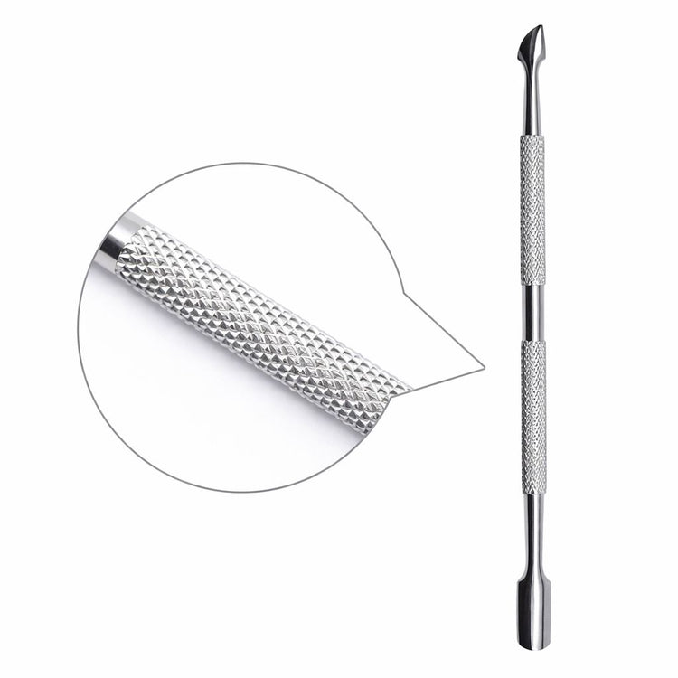 Stainless steel cuticle pusher with textured grip handle, angled pusher end and flat scraper tip, shown with close-up detail