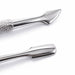 Close-up of a stainless steel cuticle pusher showing the angled pusher end and flat scraper end