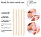 Infographic for wooden cuticle sticks showing five dual-ended sticks, two close-up nail care use photos, and a feature list including pack sizes, pointed precision tips, angled flat ends, and disposable design