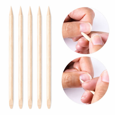 Five wooden cuticle pusher sticks shown upright with two close-up photos demonstrating cuticle care use on natural nails