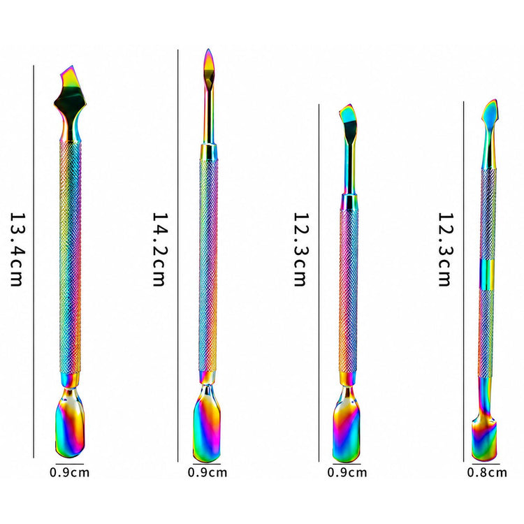 Rainbow cuticle pushers 4pcs set with measurement guide and textured grip handles, NSI Australia