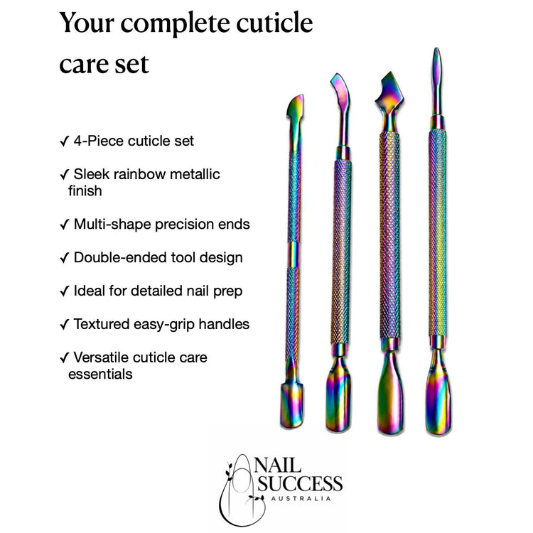Rainbow 4-piece cuticle pusher set with double-ended nail prep tools and textured grip handles, NSI Australia