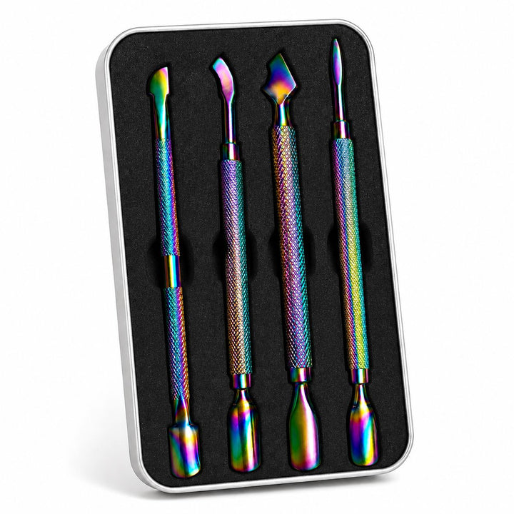 Rainbow cuticle pushers 4pcs set displayed in protective storage case with textured grip handles, NSI Australia