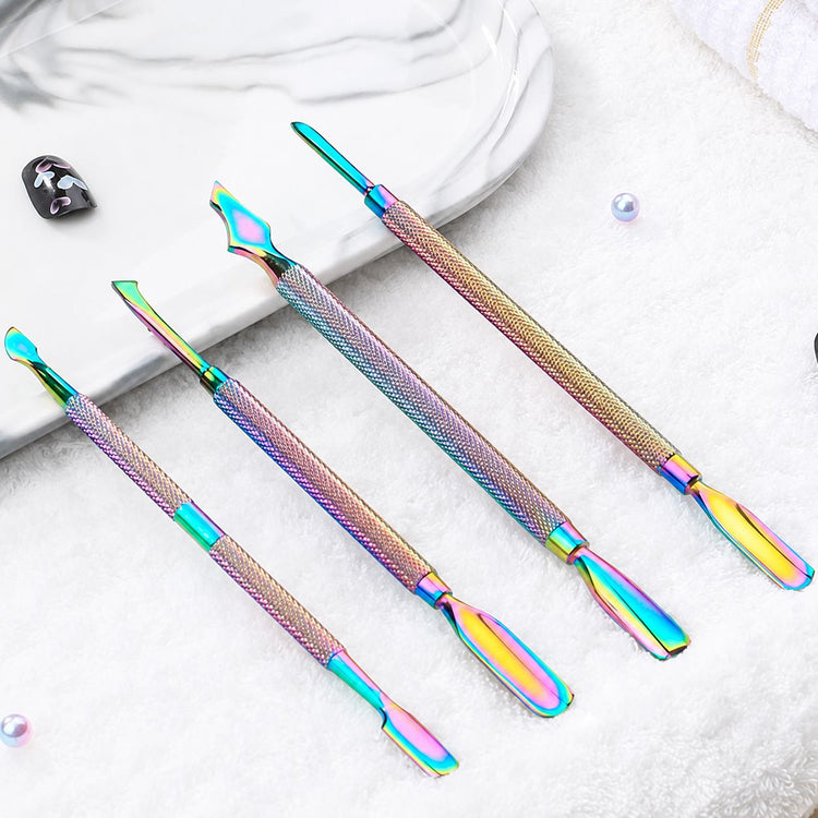 Rainbow cuticle pushers 4pcs set displayed on salon towel with manicure accessories, NSI Australia