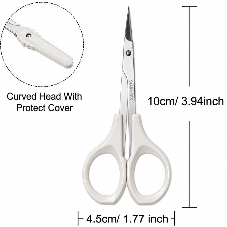 White handle cuticle scissors with curved head protective cover, stainless steel precision blade and 10cm manicure trimming design