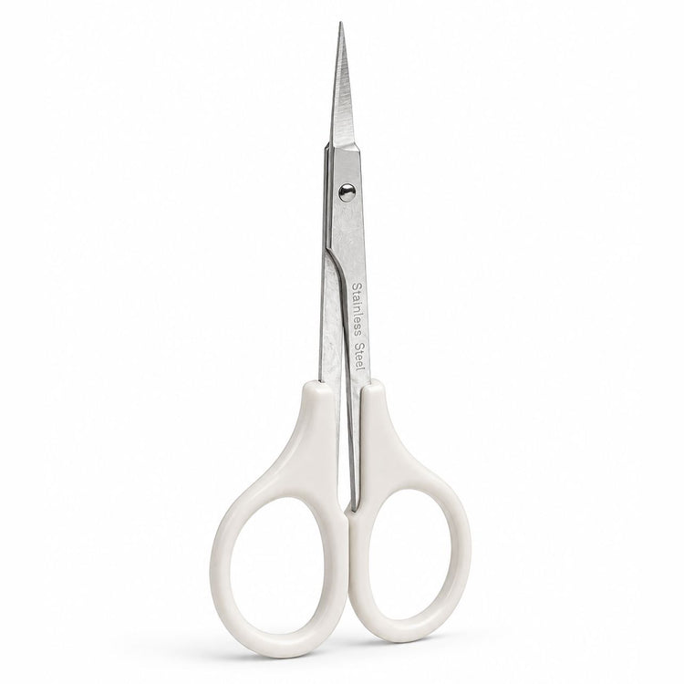 White handle cuticle scissors with stainless steel straight precision blade for detailed manicure trimming and nail care