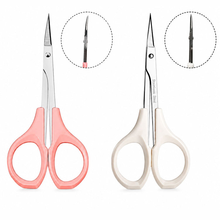 Pink and white handle cuticle scissors with stainless steel straight precision blades and side-view insets for detailed manicure trimming