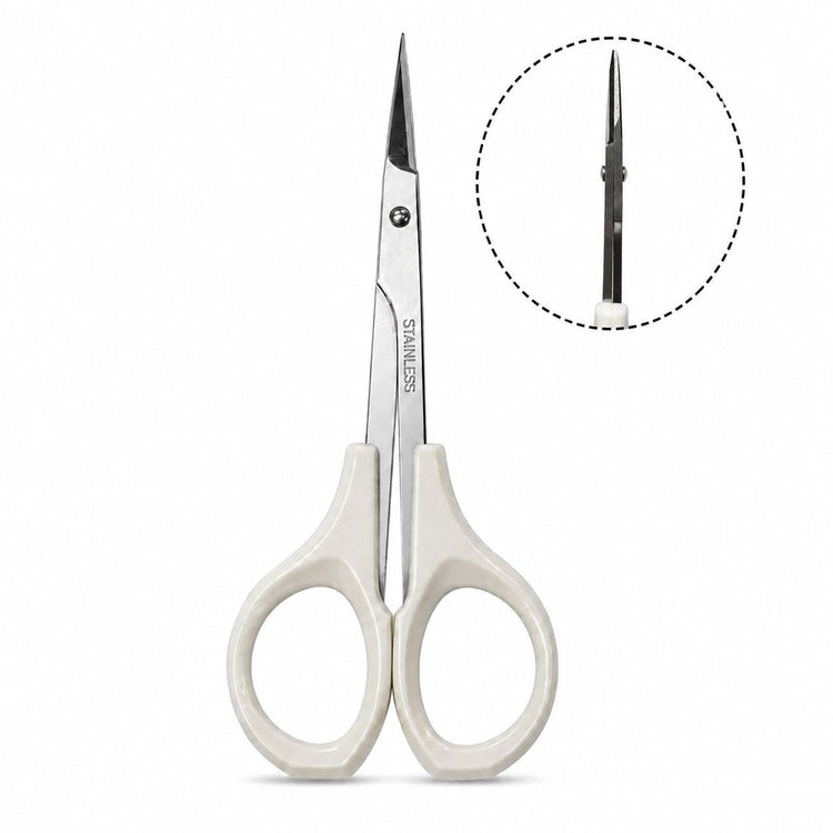White handle cuticle scissors with stainless steel straight and curved precision blades for detailed manicure trimming and nail care