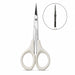 White handle cuticle scissors with stainless steel straight and curved precision blades for detailed manicure trimming and nail care