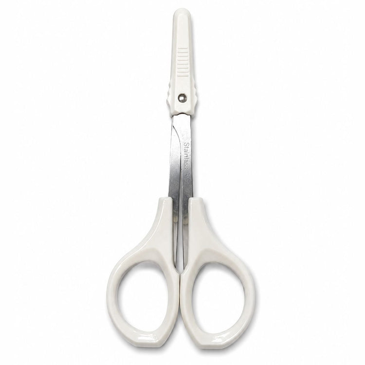 White handle cuticle scissors with protective blade cover and stainless steel precision blades for manicure trimming and nail care