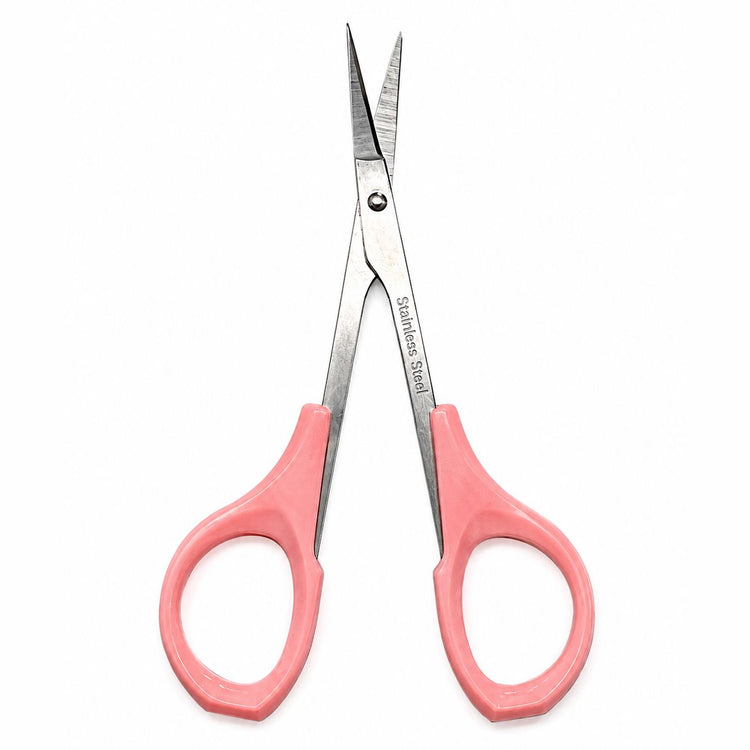Pink handle cuticle scissors with curved stainless steel precision blades open for detailed manicure trimming and nail care