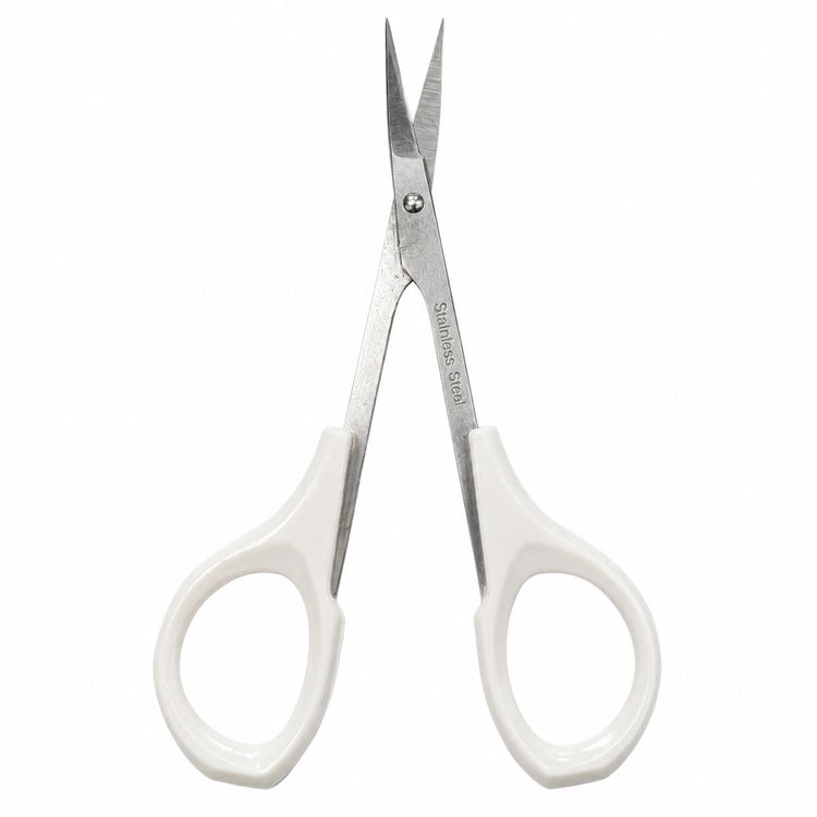 White handle cuticle scissors with curved stainless steel precision blades open for detailed manicure trimming and nail care