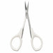 White handle cuticle scissors with curved stainless steel precision blades open for detailed manicure trimming and nail care