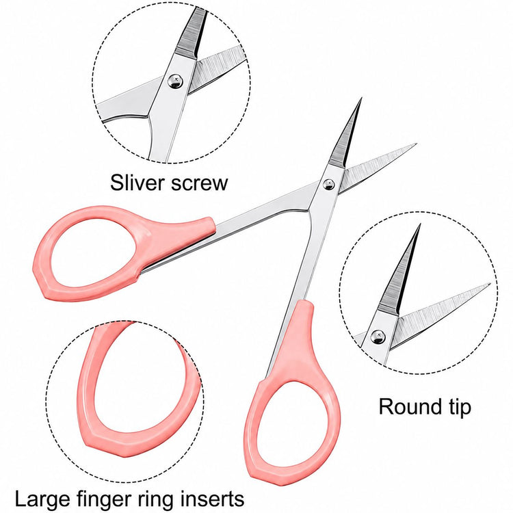 Pink handle cuticle scissors with stainless steel precision blades, round tip, silver screw and large finger ring inserts for manicure trimming