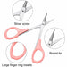 Pink handle cuticle scissors with stainless steel precision blades, round tip, silver screw and large finger ring inserts for manicure trimming