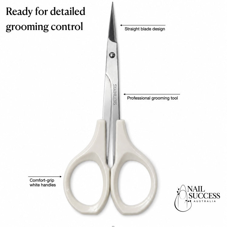 Nail Success Australia white handle cuticle scissors with straight stainless steel blade for detailed grooming and manicure trimming