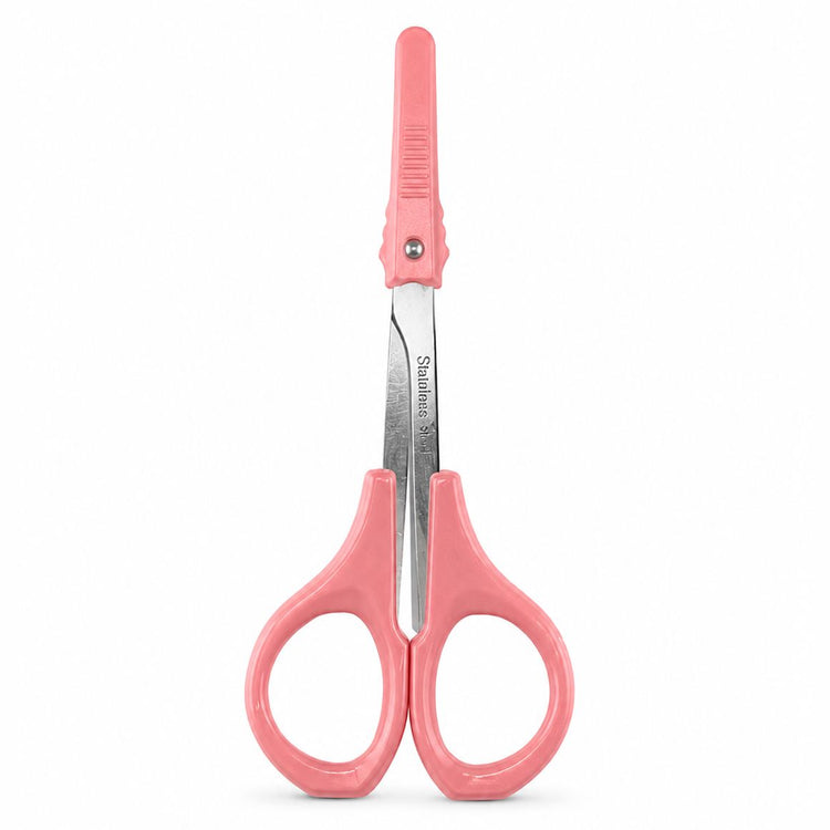 Pink handle cuticle scissors with protective blade cover and stainless steel precision blades for manicure trimming and nail care