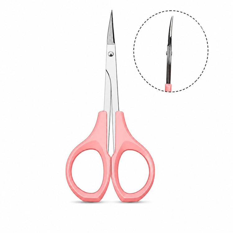 Pink handle cuticle scissors with stainless steel straight precision blade and side-view inset for detailed manicure trimming