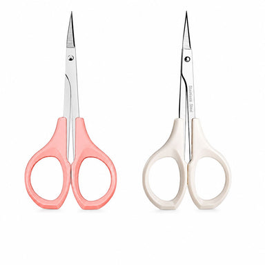 Pink and white handle cuticle scissors with stainless steel straight precision blades for detailed manicure trimming and nail care