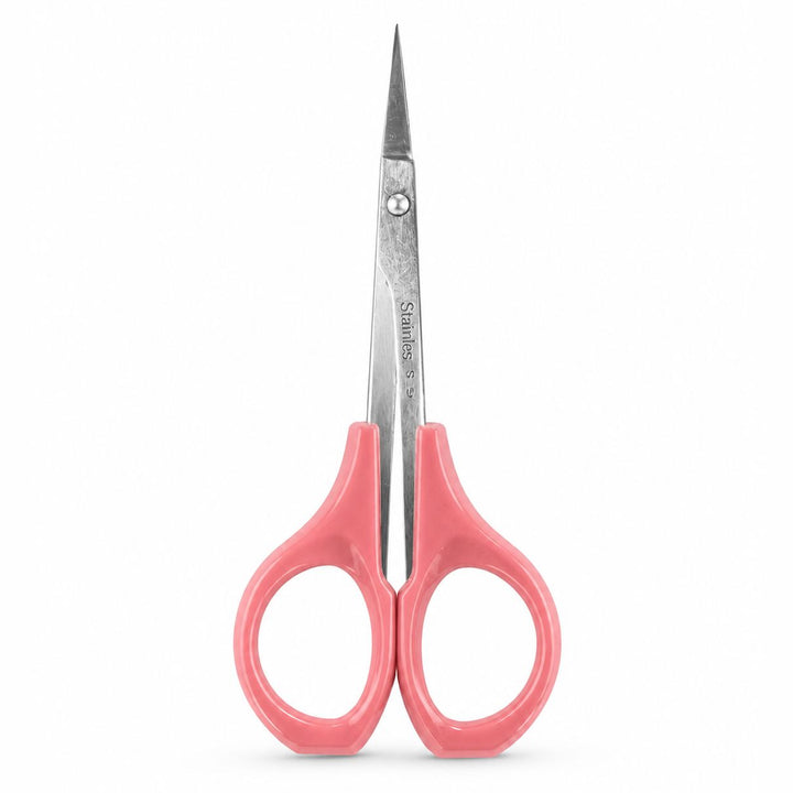 Pink handle cuticle scissors with curved stainless steel precision blade for detailed manicure trimming and nail care