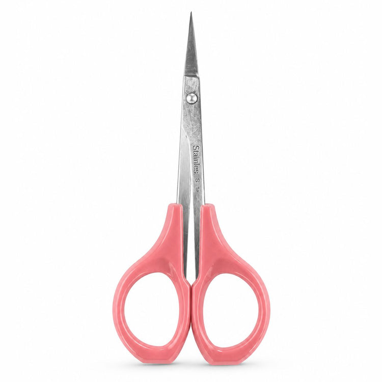 Pink handle cuticle scissors with curved stainless steel precision blade for detailed manicure trimming and nail care