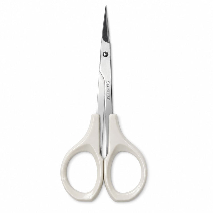 White handle cuticle scissors with stainless steel straight precision blade for detailed manicure trimming and nail care