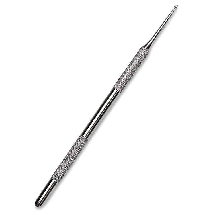 Stainless steel cuticle detail tool with fine loop tip, dual-ended design and textured grip handle
