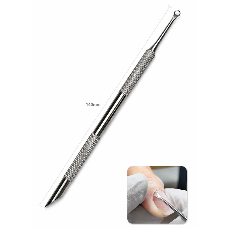 Stainless steel cuticle scraper and pusher with fine loop-detail tip, angled precision scraper, textured grip handle and 140 mm length marker
