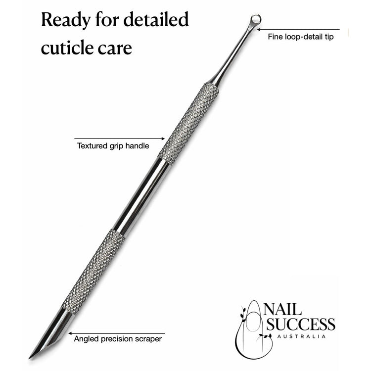Stainless steel cuticle scraper and pusher with fine loop-detail tip, angled precision scraper and textured grip handle
