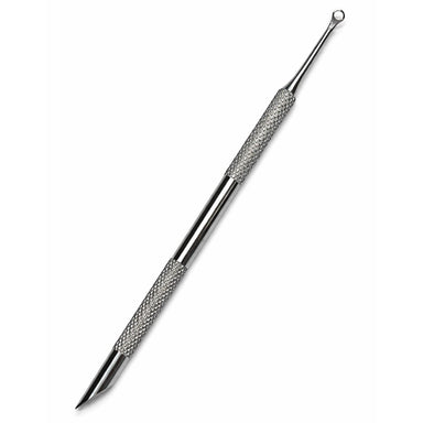 Stainless steel cuticle scraper and pusher with fine loop-detail tip, angled precision scraper and textured grip handle