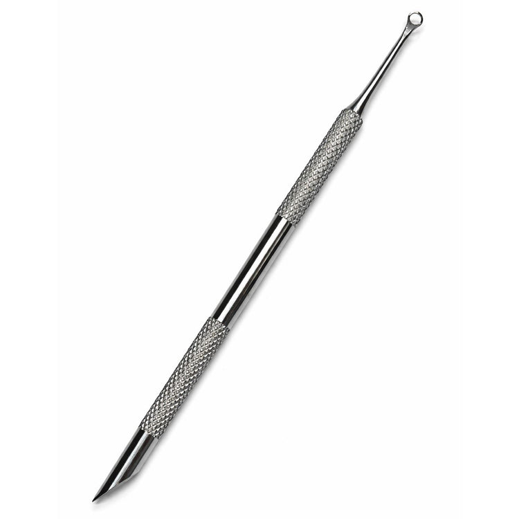 Stainless steel cuticle scraper and pusher with fine loop-detail tip, angled precision scraper and textured grip handle