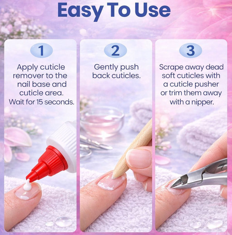 How to use cuticle softener & remover: apply to cuticle area, wait 15 seconds, push back cuticles, then trim or scrape
