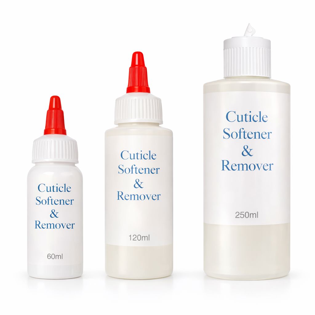 Cuticle Softener & Remover bottles in 60ml, 120ml and 250ml sizes for manicure cuticle prep