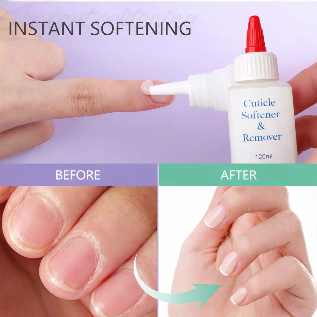 Cuticle Softener & Remover applying gel to nail cuticle with before-and-after results for manicure prep