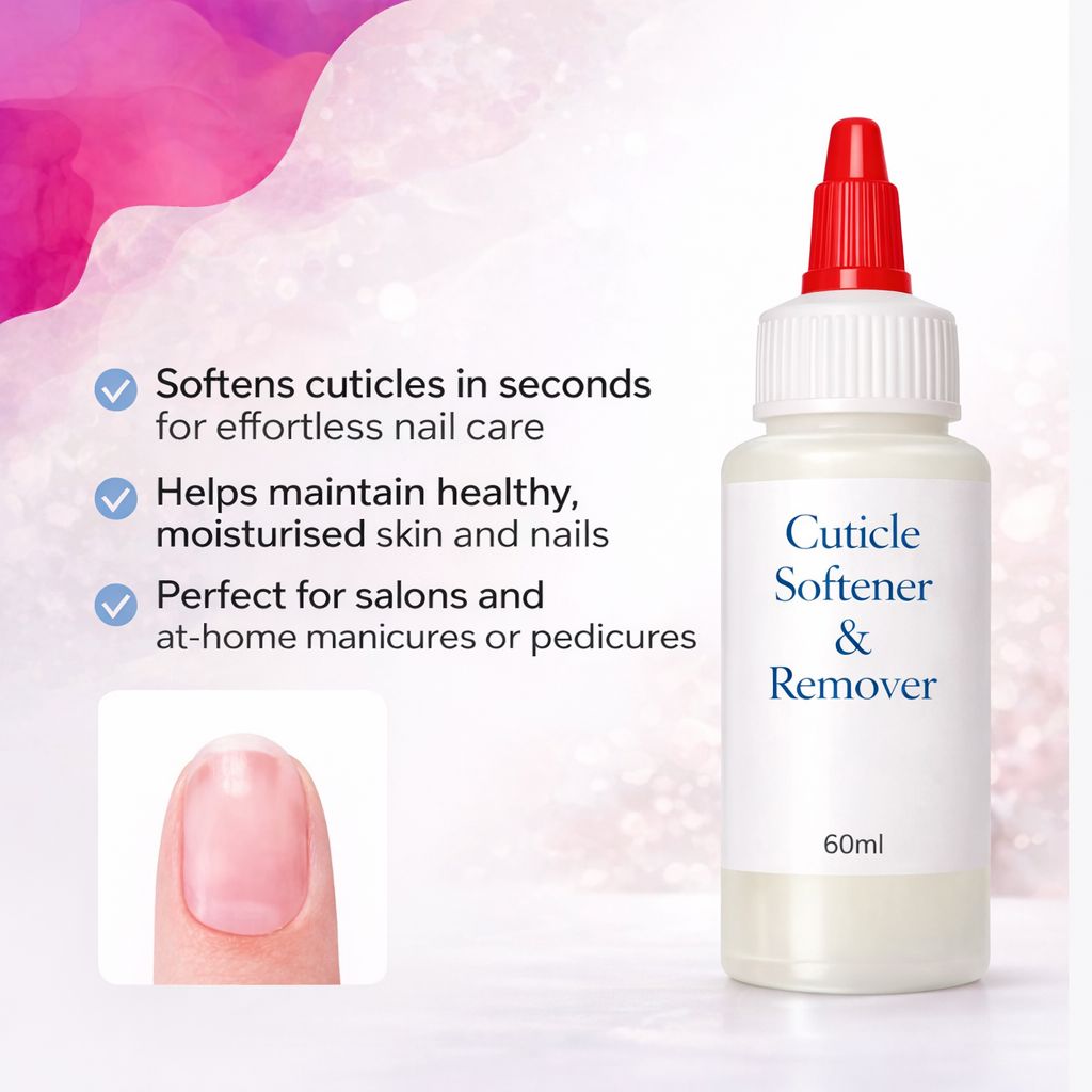 60ml Cuticle Softener & Remover bottle with benefits graphic for manicure and pedicure prep