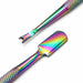 Close-up of rainbow cuticle trimmer and pusher tool showing dual ends and textured grip for manicure prep