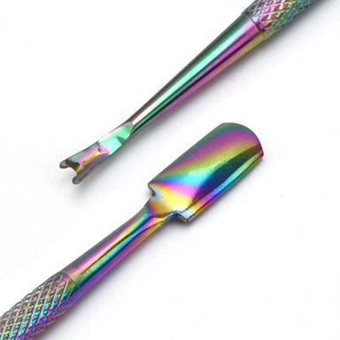 Close-up of rainbow cuticle pusher and V-shaped trimmer, dual-ended stainless steel nail tool