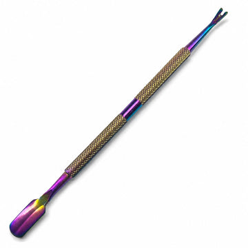 Rainbow cuticle trimmer and pusher tool with textured grip for manicure prep and nail care