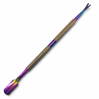 Rainbow cuticle trimmer and pusher tool with textured grip for manicure prep and nail care